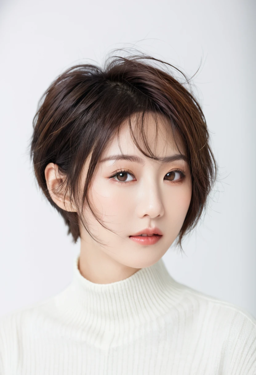 beautiful Japanese woman with short hair , white background