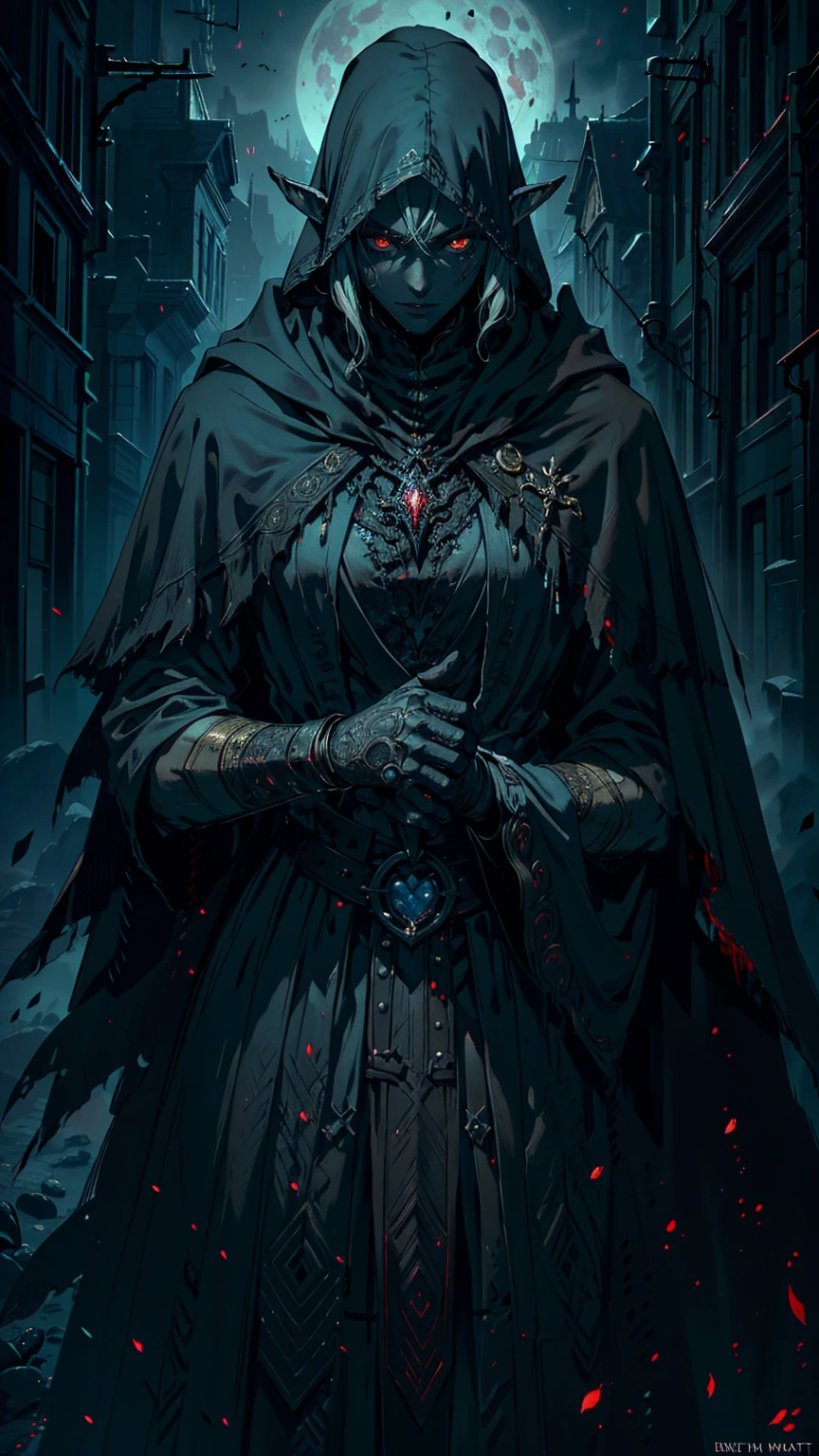 (masterpiece, realistic, best quality), horror-themed, Black light armor with intricate patterns, (detailed:1.3), dark theme, red moon, night fog, dystopia,a close up of a 1guy with demon eyes with black sclera and a black misty cloak, a character portrait, fantasy art, a portrait of a black male elf, black skinned male elf, male drow, elven assassin, very dark hair, dark hair, azathoth, lovecraftian hellscape, blood moon, lovecraftian landscape, lovecraftian inspiration, yog - sothoth! yah, lovecraftian background, lovecraftian atmosphere, symmetrical epic fantasy art, lovecraft art, (elegant, intricate, digital photography, high quality, 4k, extremely detailed, sharp, CG, hyper realism, dramatic light, HDR),