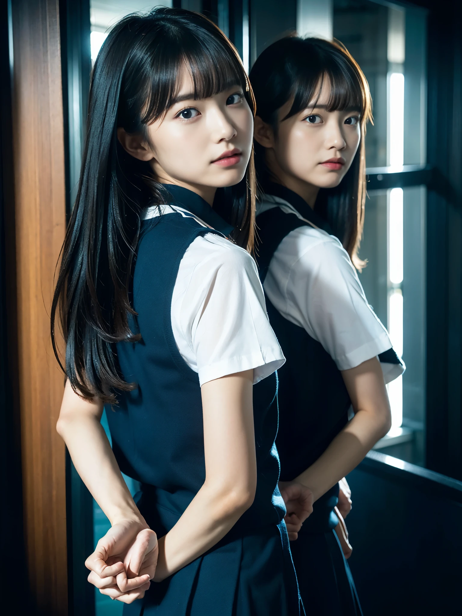 Kidnapped Woman、His hands are tied、((Place your hands behind your back))、((Place your hands together and cross them behind your back))、(((Her wrists are tied with rope)))、shibari、beauty、20age、university student、(anatomicaly, Has two arms and two hands)、In a hotel room with the lights on、Stand by the window、Outside the window is the night sky、There are many stars、Wearing a short-sleeved blouse、Wear a high school student-style miniskirt、Uniform eyes、Proportioned proportions、Small breasts、Small face、(I can see from head to heel), Black Hair, bangs, swept bangs, Straight hair, Nervous, Messy Hair, Floating hair, Cinema Lighting, tachi-e, First-person view, throw, From behind, F/1.2, Nikon, Surrealism, 超High resolution, Highest quality, High resolution, 8k, Textured skin, anatomicaly正しい体,