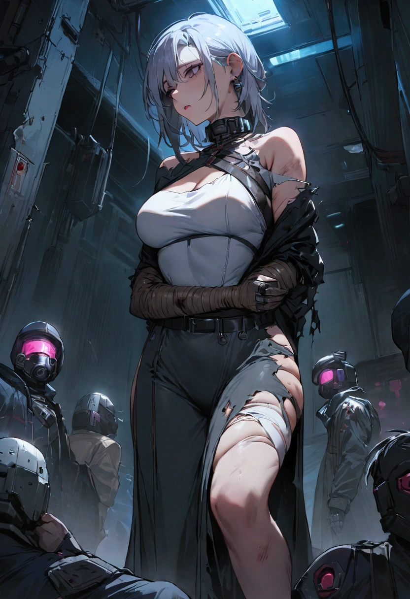 masterpiece,Highest quality,Super quality,cyber punk,Injured enemy swordswoman,Torn clothing,Being held captive,I'm in despair