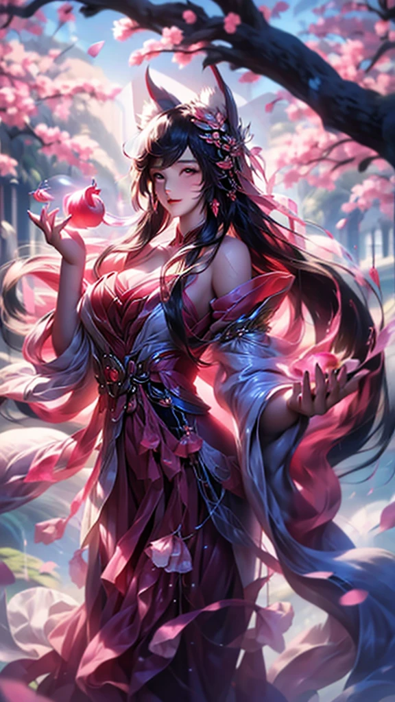 best quality,masterpiece,Ultra-high resolution,(photoactual:1.4),,Peach blossom tree(background),20 years old ,Peach Blossom Goddess(Japanese Girls),Long hair with a shawl,close eyes,Sexy body,Big breasts,Wearing a peach blossom strapless skirt,坐在Peach blossom tree上,Kissing a peach in hand,