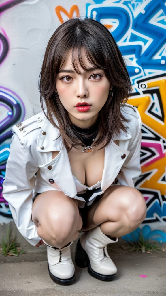 a young woman in an open rain coat and lingerie, sitting in an arctic landscape with a Lockheed Vega 5B plane, looking directly at the camera, detailed and intricate, high definition, full body, sharp focus, 4k, Leica 35mm F2.8, Fuji Superia Reala 100, beautiful detailed eyes, beautiful detailed lips, extremely detailed eyes and face, long eyelashes, enchanting, hair in bun