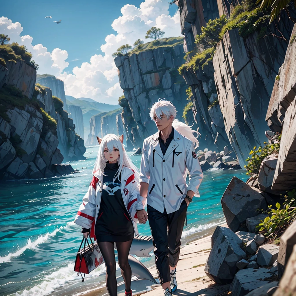 Shark man, squirrel woman, couple, white hair resort