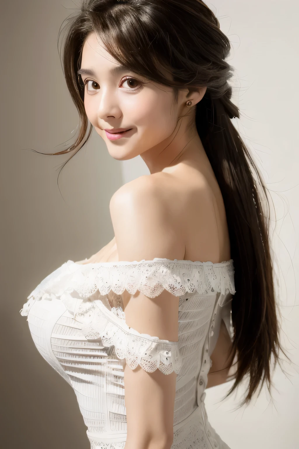 ((Highest quality, 8k, masterpiece: 1.3)), sharp: 1.2, Perfect Body Beauty: 1.6, ((Layered Hairstyles, Big Breasts: 2.0)), (white and long legs: 2.0), (white lace dress: 2.0, Off-the-shoulder dress: 2.0, Dresses with visible breasts: 2.0), ((long hair: 2.0)), ((necklace)), Earrings, ring, Bracelet, Hair Accessories, ((Beautiful young ager woman)), ((Straight nose)), (Eyeliner), Armpit Hair, Bristles, ((White and beautiful skin)), Wavy Hair, Beautiful attention to detail, Super detailed, Highly detailed face and skin texture, fine grain, double eyelid, Black Hair, Big Ass, Lower Body, Thighs, (((Skinny))), Wet and shiny lips, smile, Get a grip on your body, ((Anatomically correct human body)), ((Crisp body shape)), Ribs, clavicle, Protruding skeleton, A face without nasolabial folds, Shyness, Thin eyebrows, Big eyes, (shoot from side: 1.0), (Narrow shoulders: 2.0), (Smile: 1.0), (One arm raised: 1.0)