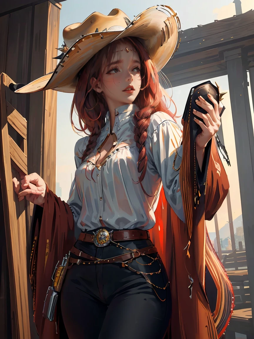 Long dark red hair, brown eyes, gloss lips, front look, close up, portrait, beautiful eyes, wearing a male white suit, big white, curly hair cut, clear skin, young 30 years girl, adult girl, solo, very long hair, ankle length hair, handsome older WOMAN,Hyperresolution,accuracy,Detailed rendering,(Image of fine hair)(topquality)(Masterpieces of masters)(High degree of completeness)(A sense of atmosphere)tmasterpiece,Super detailed and super detailed(((half-body portrait)))(((Older woman))) (((Western girl))), (((Cowgirl))) (((Cowboy hat))) (((Gunslinger)))(((Better hands)))(((Black outfit)))