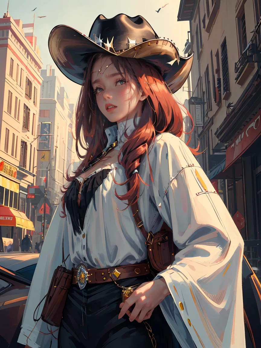Long dark red hair, brown eyes, gloss lips, front look, close up, portrait, beautiful eyes, wearing a male white suit, big white, curly hair cut, clear skin, young 30 years girl, adult girl, solo, very long hair, ankle length hair, handsome older WOMAN,Hyperresolution,accuracy,Detailed rendering,(Image of fine hair)(topquality)(Masterpieces of masters)(High degree of completeness)(A sense of atmosphere)tmasterpiece,Super detailed and super detailed(((half-body portrait)))(((Older woman))) (((Western girl))), (((Cowgirl))) (((Cowboy hat))) (((Gunslinger)))(((Better hands)))(((Black outfit)))