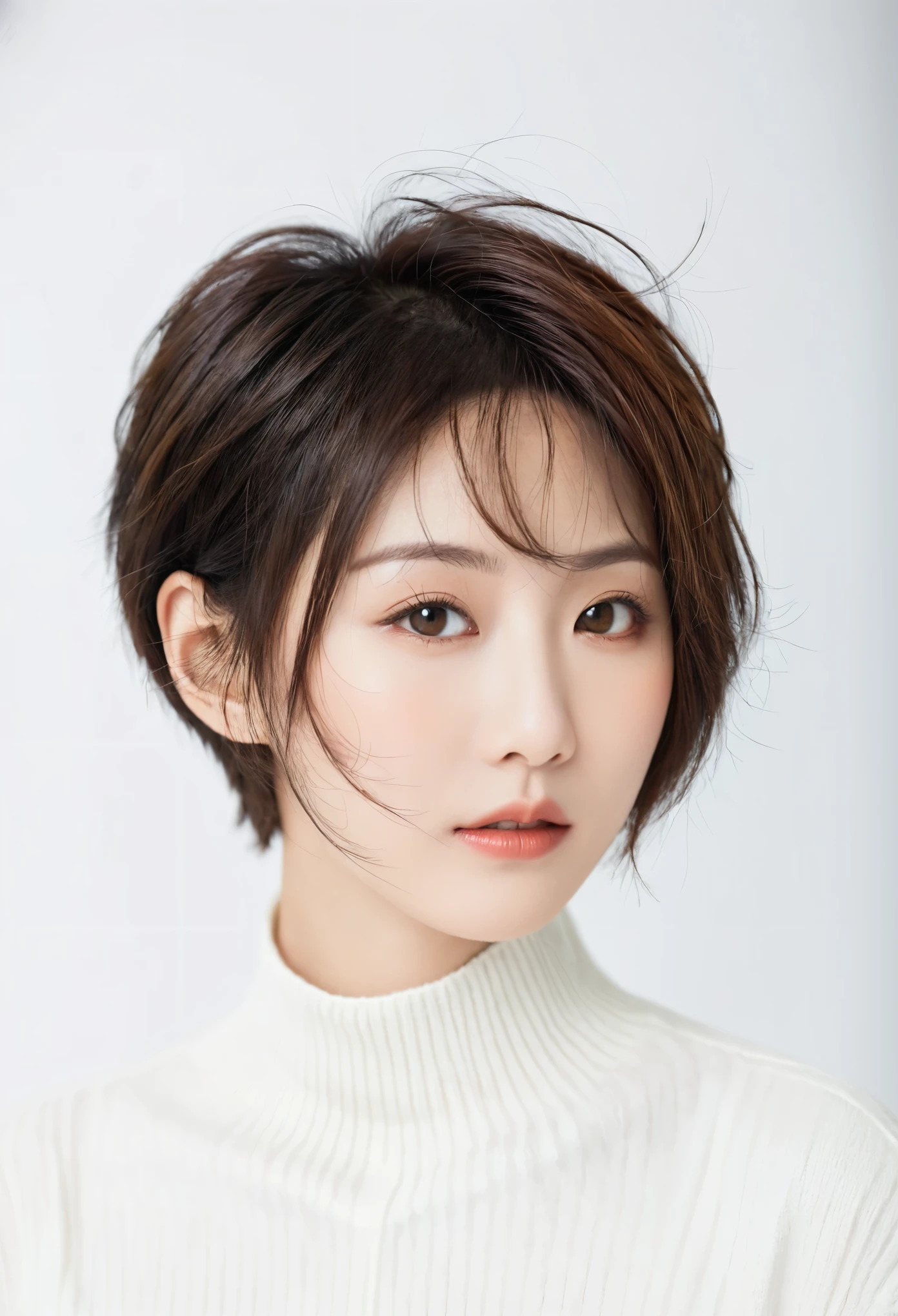 beautiful Japanese woman with short hair , white background
