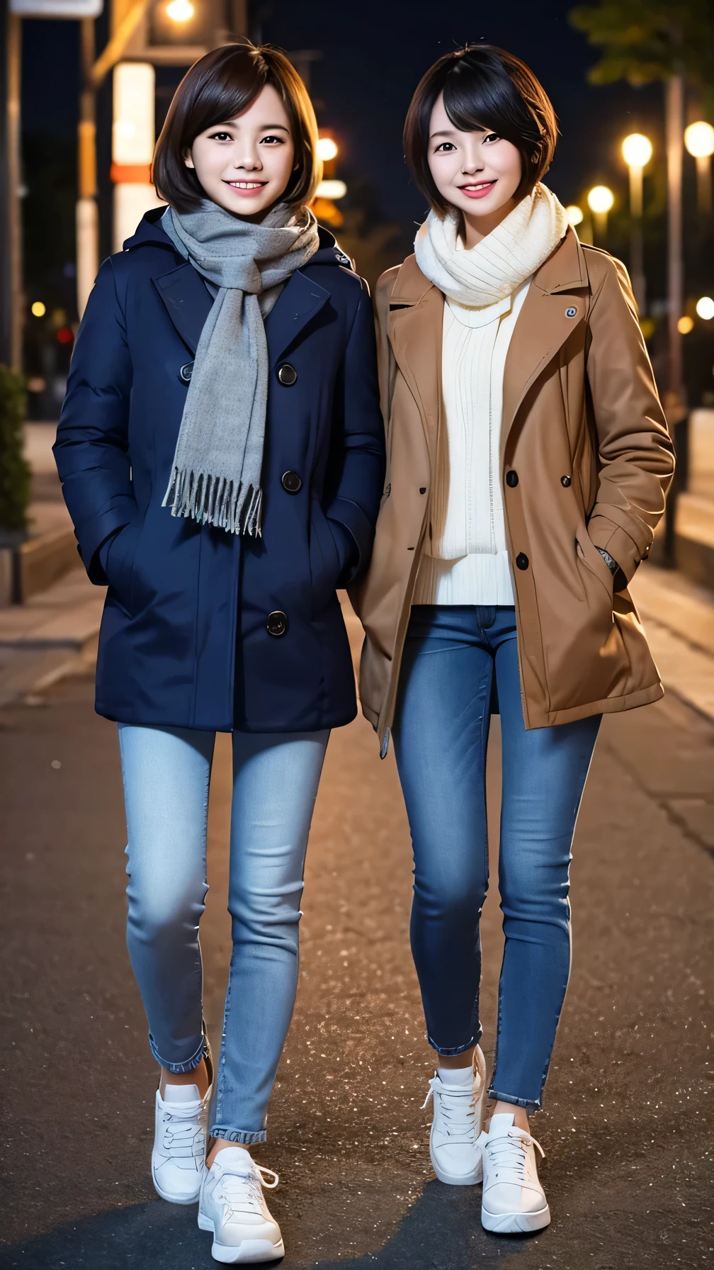 Two women wearing down coats、Jeans and sneakers、Scarf around the neck、Full body photo、Are standing、、Short Haircut、、smile、Background is a park at night。.