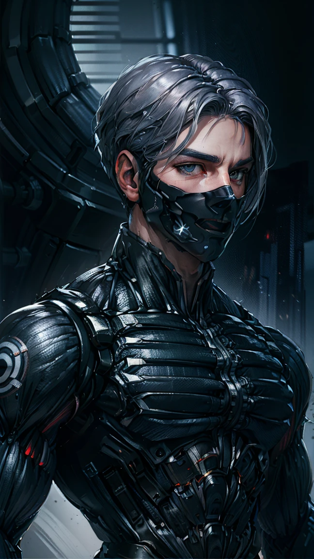 {Best Quality, 8k, Masterpiece}, [grey hair], [middle part haircut], [male], (grey eyes), (tech mask)