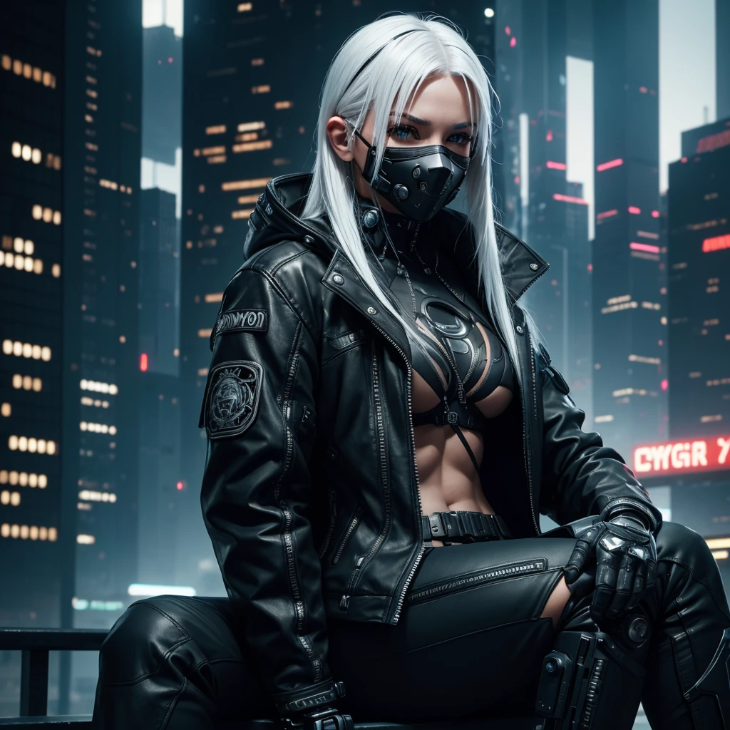 "dark theme :: closeup face focus, ultra realistic futuristic cyberpunk muscular Female white hair sitting  :: cool cybernetic punk jacket :: shirtless:: intricate mask :: natural lighting :: bokeh :: 8k :: best quality :: masterpiece :: futuristic cityscape background"