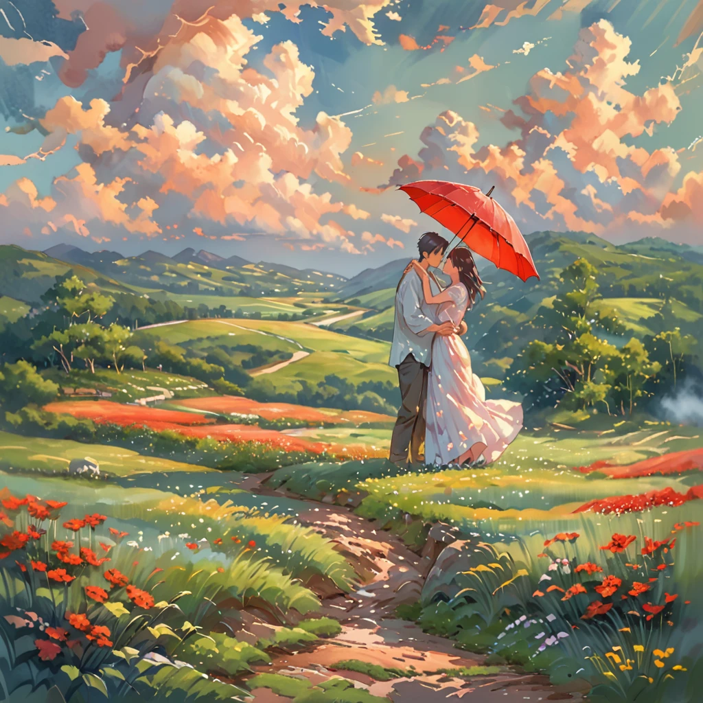 A romantic couple standing together on a grassy plain, holding a red umbrella. The man and woman embrace each other tenderly, looking into each other's eyes with love and affection. The scene is set against a backdrop of a vast open landscape, with a beautifully clouded sky above. The lush green grass in the foreground stretches out, providing a soft and natural base for the scene. The image has a slightly painterly effect, with the colors appearing vibrant and soft, reminiscent of an anime or watercolor painting. The overall atmosphere is serene and romantic, capturing a tender moment between the couple. The focus is on the couple, with the background slightly blurred, adding depth to the composition. The photograph is taken from a wide perspective, making the couple appear far away, and capturing a broad view of the sky and landscape. This wide-angle approach emphasizes the expansive beauty of the surroundings, highlighting the vast, cloud-filled sky and the rolling grassy fields, enhancing the dreamy and romantic ambiance of the scene