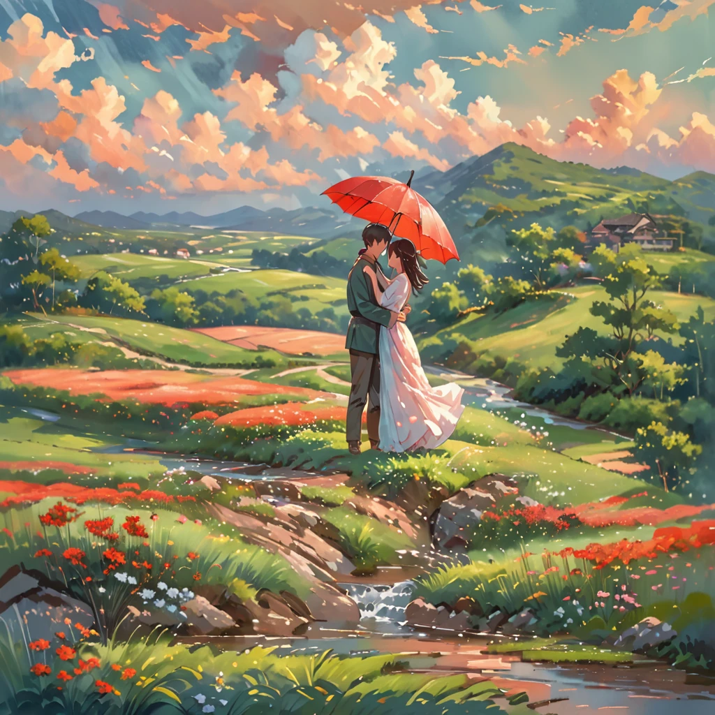 A romantic couple standing together on a grassy plain, holding a red umbrella. The man and woman embrace each other tenderly, looking into each other's eyes with love and affection. The scene is set against a backdrop of a vast open landscape, with a beautifully clouded sky above. The lush green grass in the foreground stretches out, providing a soft and natural base for the scene. The image has a slightly painterly effect, with the colors appearing vibrant and soft, reminiscent of an anime or watercolor painting. The overall atmosphere is serene and romantic, capturing a tender moment between the couple. The focus is on the couple, with the background slightly blurred, adding depth to the composition. The photograph is taken from a wide perspective, making the couple appear far away, and capturing a broad view of the sky and landscape. This wide-angle approach emphasizes the expansive beauty of the surroundings, highlighting the vast, cloud-filled sky and the rolling grassy fields, enhancing the dreamy and romantic ambiance of the scene