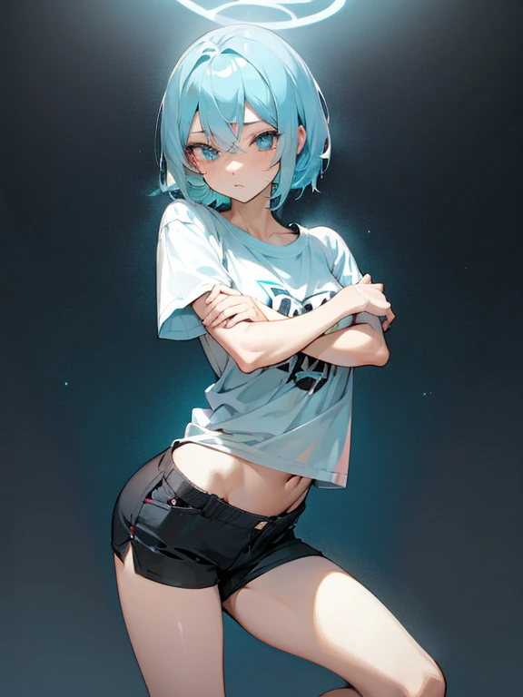 Anime girl short light blue hair sexy pose , black fitted shorts , loose t-shirt 