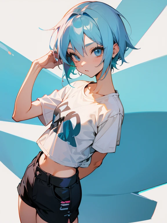 Anime girl short light blue hair sexy pose , black fitted shorts , loose t-shirt