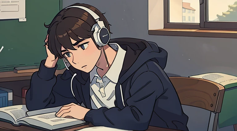 European high school boy studying while wearing headphones