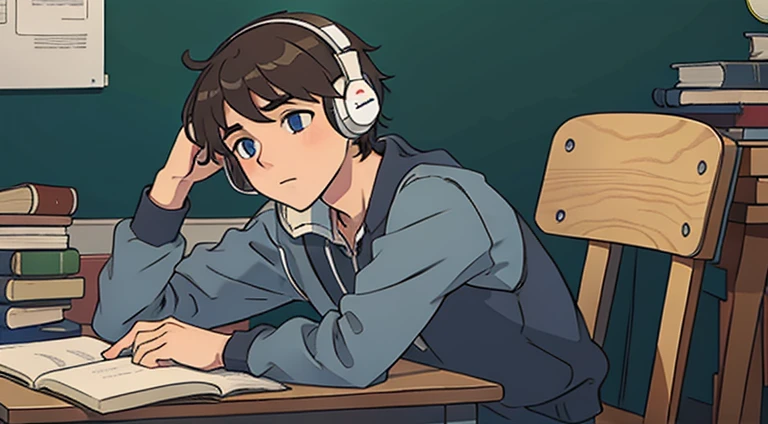 European high school boy studying while wearing headphones