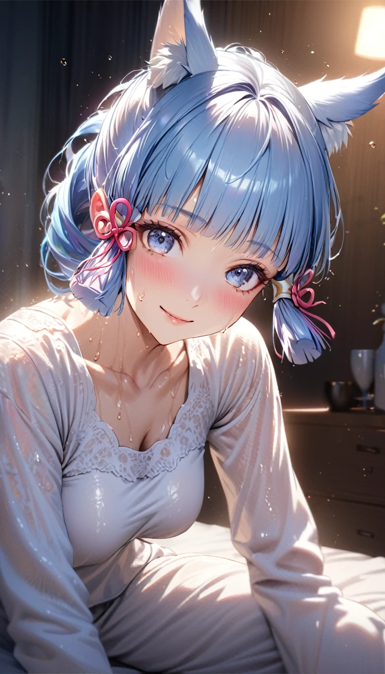 Ayaka,((blue hair)), fox ears,beautiful face,smiling, fit body, moderate breast,sitting on a bed,wearing white pajama,illustration,detailed textures,ultra-detailed(realistic),portrait style,vivid colors,soft lighting. sweaty 