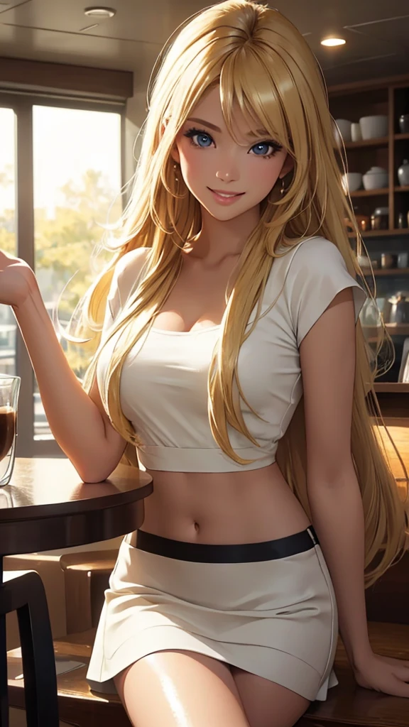 (best quality,ultra-detailed,photo-realistic:1.37),bright and vibrant colors,studio lighting,playful expression,stylish makeup,long blonde hair flowing in the wind,alluring eyes,glossy lips,sexy pose, Mini skirt, coffee shop, black,smiling in a confident and seductive way,posing for a professional photoshoot,shallow depth of field,highlighting the main subject,soft natural lighting,creating a dreamy and magical atmosphere.