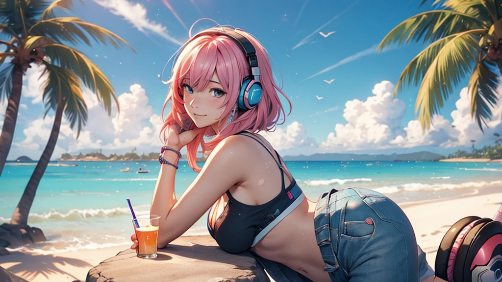 Woman wearing headphones, Anime Style 4 k, anime wallpaper 4k, anime wallpaper 4k, 4k anime wallpaper, anime art wallpaper 4k, anime art wallpaper 4k, Anime Style. 8k, Anime atmosphere, , Ultra HD Anime Wallpaper, Anime Art Wallpaper 8K, Anime Background,landscape、summer、island、Palm tree、Hawaii、Sandy Beach、drink alcohol