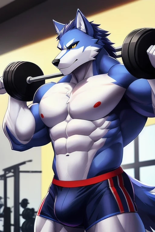 Wolf with sculpted abs, Show off your physical strength, Participates in a weightlifting session while holding dumbbells in hands and performing bicep curls.. 이 의인화된 개과의 디트로이트 은빛 털은 밝은 gym 조명 아래에서 빛납니다., 그의 muscle질과 대조적이다, solid body. When he lifts weights with great form, veins bulge beneath the hair on his arms.., Focus on your workout to maximize its benefits. With a stern expression and a slight grumble of effort., 늑대는 power을 상징한다, power, and discipline. (Anthro Wolf, gym, fitness, male, fitness Model, muscle, rain