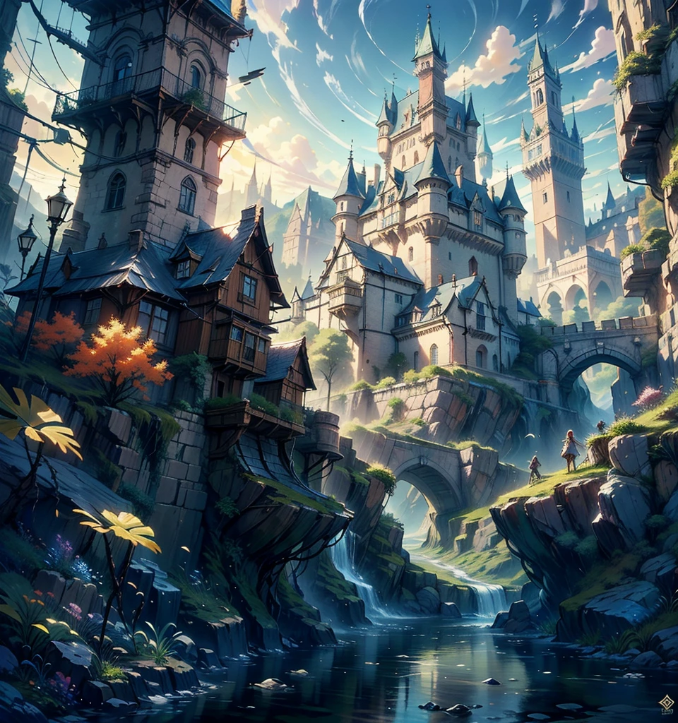 (8K) (Artstation is very detailed), with rich dark details, scene drawing, scene painting, grand scenes, epic battle scenes, background mountains and rivers, and rich plants. The foreground has a castle, fantasy, and rich colors