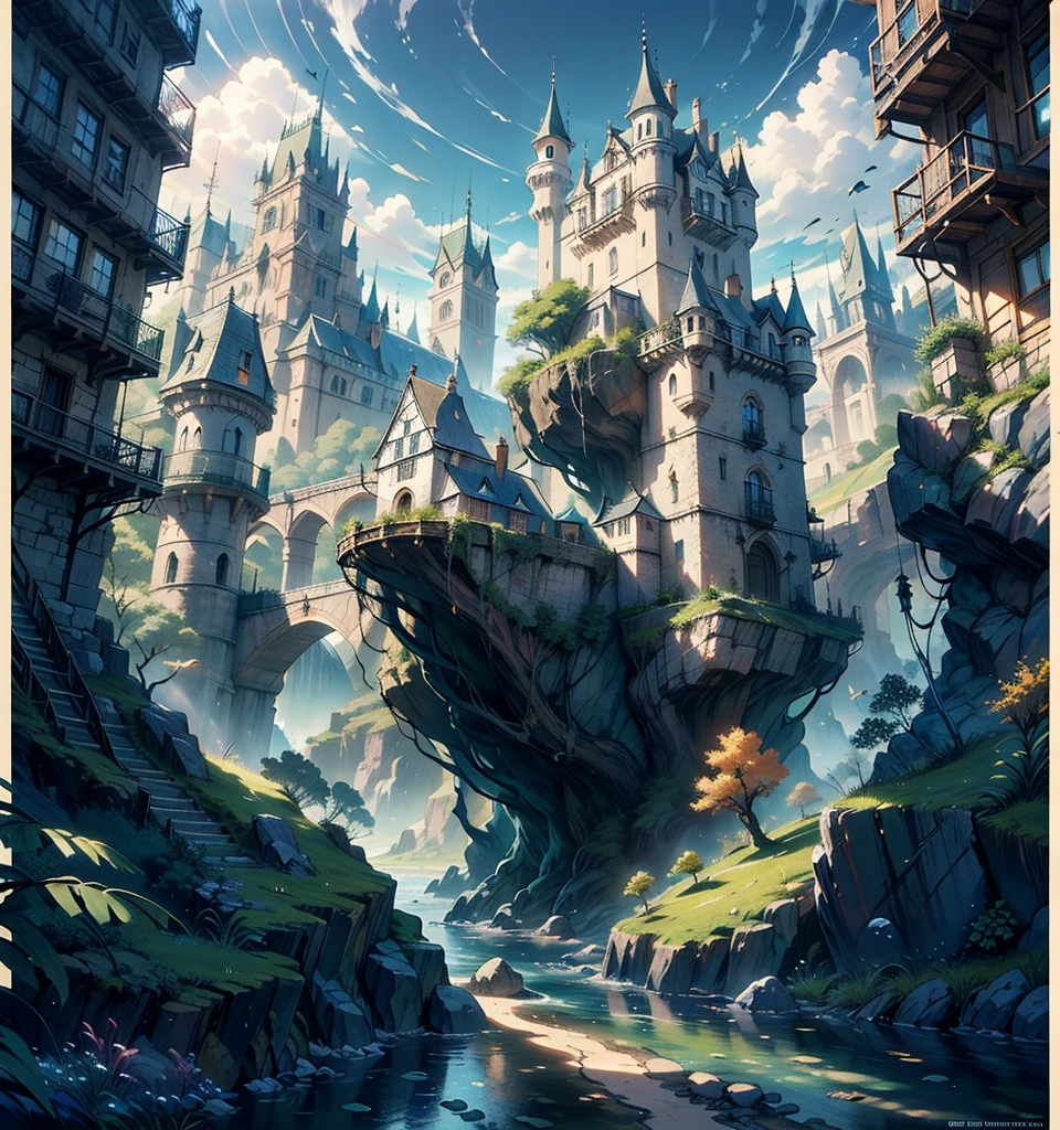 (8K) (Artstation is very detailed), with rich dark details, scene drawing, scene painting, grand scenes, epic battle scenes, background mountains and rivers, and rich plants. The foreground has a castle, fantasy, and rich colors