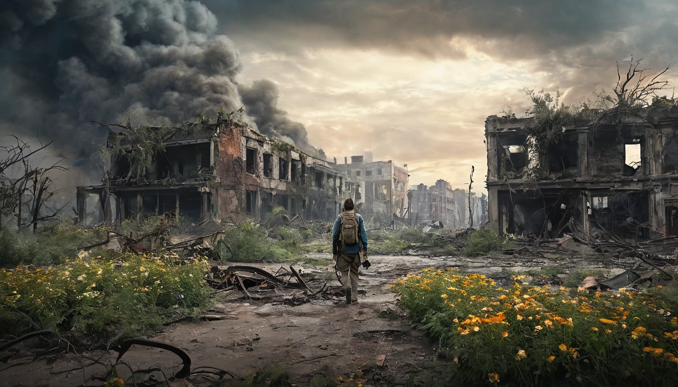 A post-apocalyptic landscape with abandoned buildings and overgrown vegetation, yet signs of new life emerging with trees and flowers starting to regrow. A lone survivor in tattered clothes scavenges through the ruins, a ruined cityscape in the background. Smoke rises from distant fires, and the sky is filled with ominous clouds. Ultra-high definition, sharp details, dramatic camera sweep from the ground up to the sky