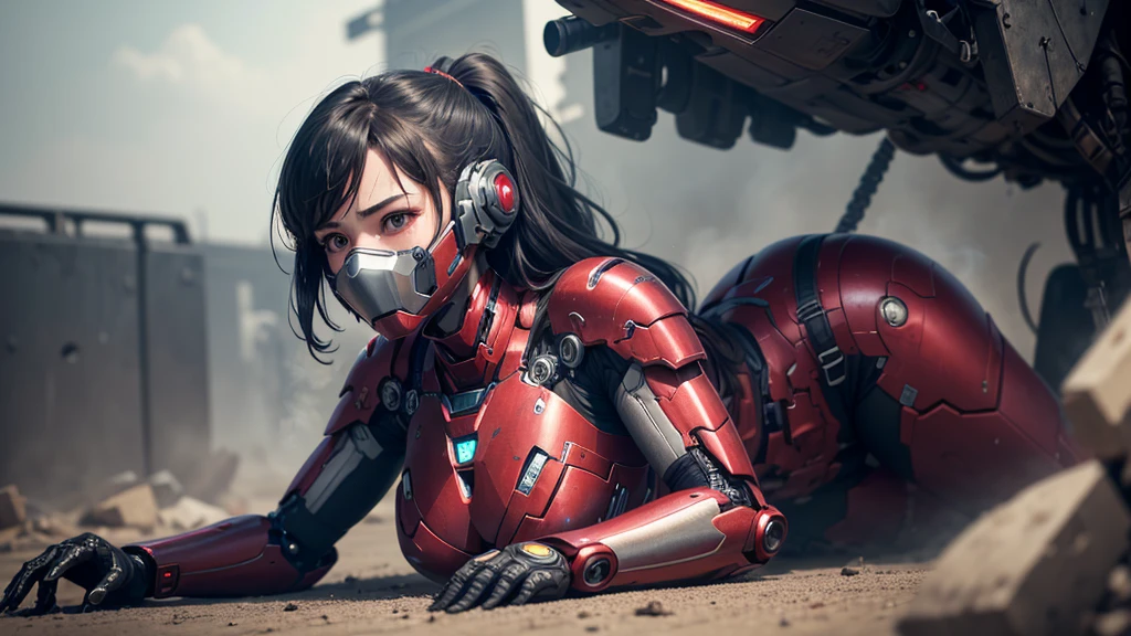 Textured skin, Very detailed, Attention to detail, high quality, 最high quality, High resolution, 1080P, hard disk, beautiful,(War Machine), Iron Man suit cyborg middle aged woman,Mecha Cyborg Girl,(Red Armor)((Major damage)),Woman with a mechanical body、She is wearing a futuristic combat weapon mecha,Full Body Shot、Soot on the face、bitter々Shii Expression、it hurts、Excessive sweat on the face、cute、gas mask、Lying on the ground、(Very cracked outfit)(Smoke from the whole body)、appear、(Steam comes out from the whole body).、My whole body was injured.、Smoke comes from the whole body、defeat、(fall face down on the ground)