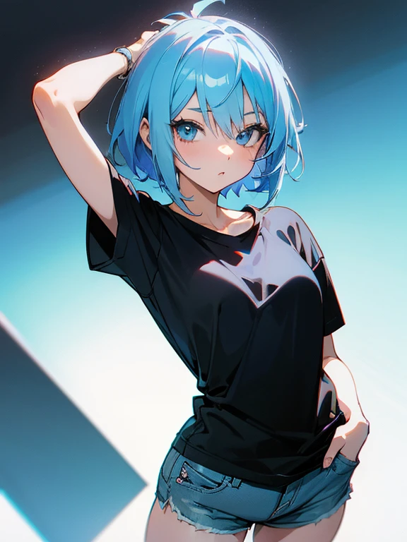 Anime girl short light blue hair sexy pose , black fitted shorts , loose t-shirt