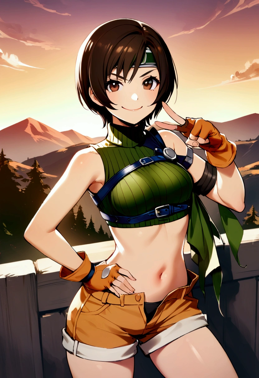 score_9, score_8_up, score_7_up,,BREAK ,best quality,aesthetic,very aesthetic,high-resolution ,mediumshot,,soro focus,1girl, yuffie kisaragi, final fantasy, short hair,headband,navel,sleeveless,turtleneck,brown eyes,sleeveless turtleneck,solo,breasts,looking at viewer,smile,gloves,crop top,brown hair,shorts,midriff,,sweater,open fly,armor,fingerless gloves,ribbed sweater,medium breasts,(great joy,),standing,mountain,sunset,top angle,v,hand on hip,smug,
