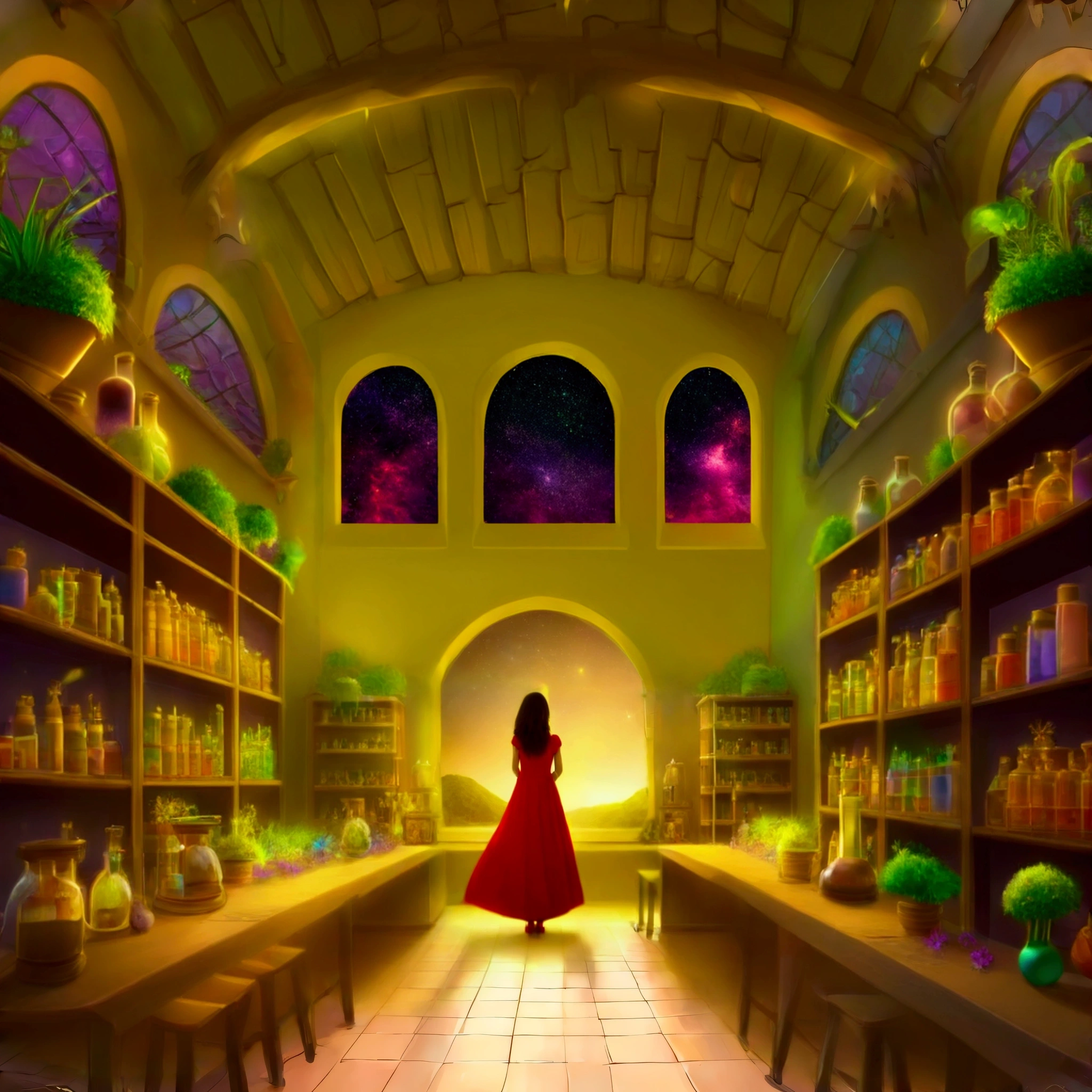 starry sky big window night, fantasy magic colors, fantasy style