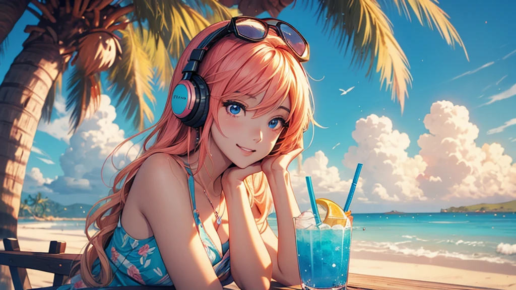 Woman wearing headphones, Anime Style 4 k, anime wallpaper 4k, anime wallpaper 4k, 4k anime wallpaper, anime art wallpaper 4k, anime art wallpaper 4k, Anime Style. 8k, Anime atmosphere, , Ultra HD Anime Wallpaper, Anime Art Wallpaper 8K, Anime Background,landscape、summer、island、Palm tree、Hawaii、Sandy Beach、drink alcohol