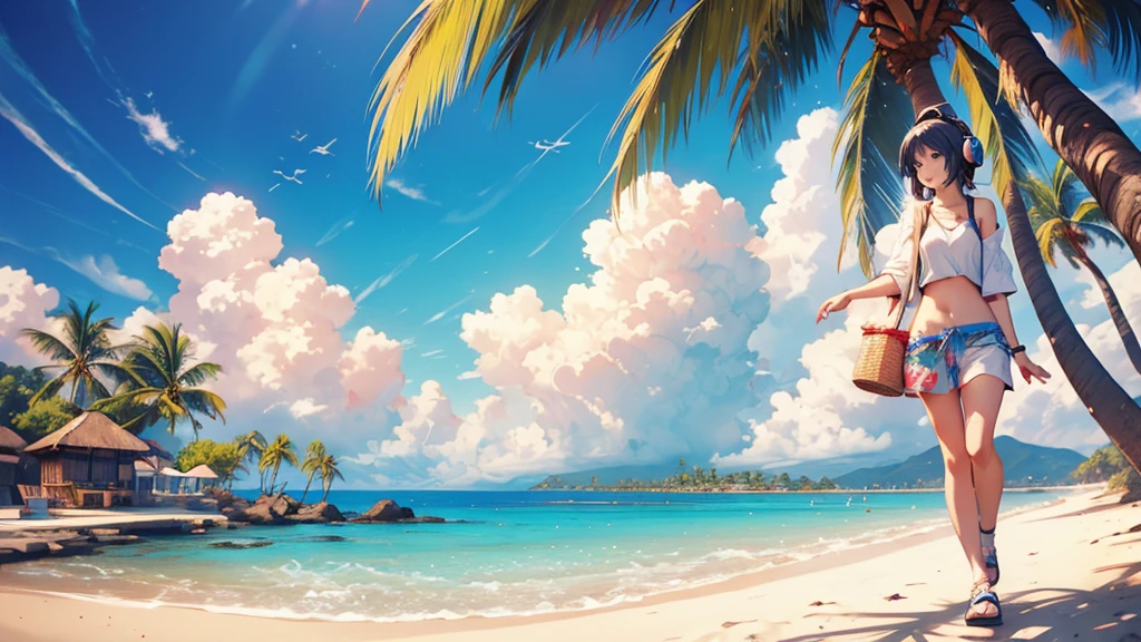 Woman wearing headphones, Anime Style 4 k, anime wallpaper 4k, anime wallpaper 4k, 4k anime wallpaper, anime art wallpaper 4k, anime art wallpaper 4k, Anime Style. 8k, Anime atmosphere, , Ultra HD Anime Wallpaper, Anime Art Wallpaper 8K, Anime Background,landscape、summer、island、Palm tree、Hawaii、Sandy Beach、drink alcohol
