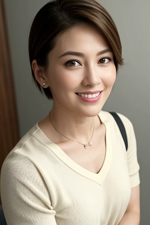 (8k, Highest quality, masterpiece:1.2), (Realistic, Realistic:1.3), Very detailed, ((1 girl)), cute, alone, (smile), big , Beautiful details, (short hair: 1.2), Bob Hair, (Upper Body), (look forward to), Very delicate and beautiful, The finer details, masterpiece, Very detailed, High resolution, Best Shadow, Loose, Lightweight knit with a wide V-neck, Looking at the audience, Thick