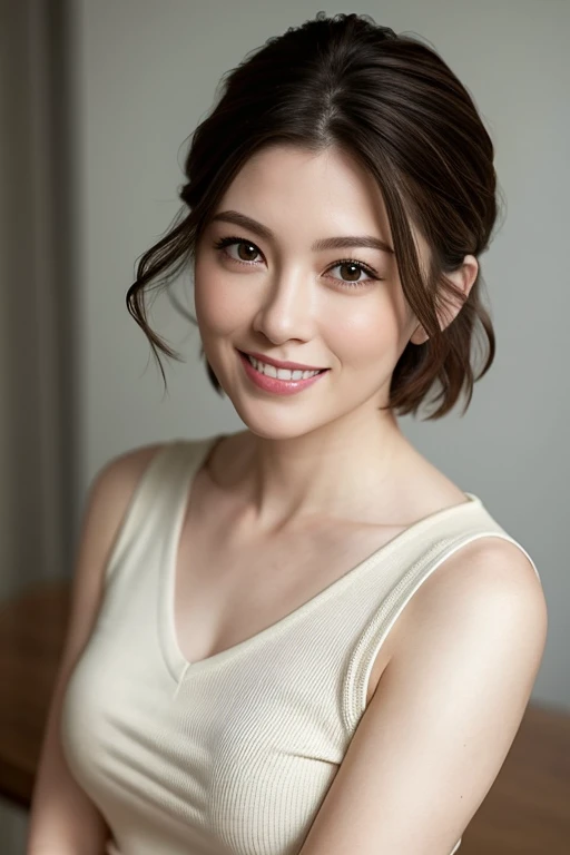 (8k, Highest quality, masterpiece:1.2), (Realistic, Realistic:1.3), Very detailed, ((1 girl)), cute, alone, (smile), big , Beautiful details, (short hair: 1.2), Bob Hair, (Upper Body), (look forward to), Very delicate and beautiful, The finer details, masterpiece, Very detailed, High resolution, Best Shadow, Loose, Lightweight knit with a wide V-neck, Looking at the audience, Thick