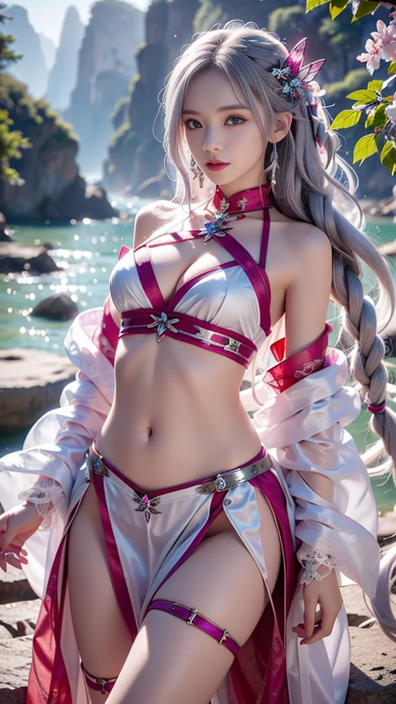 8K, ultra hd, masterpiece, hd colors, 1 girl, perfect face, very long silver white hair, detailed eyes, simple clothing, ((magenta transparentclothing)), stocking, ((crawdad stomach lace)), sardine, straps, net clothing, loops, jwellery, waterside, Realistic scenery, epic scenery, sun rising, evening, clouds, Butterfly, cherry blossom, blowing wind, perfect pose,@silver girl