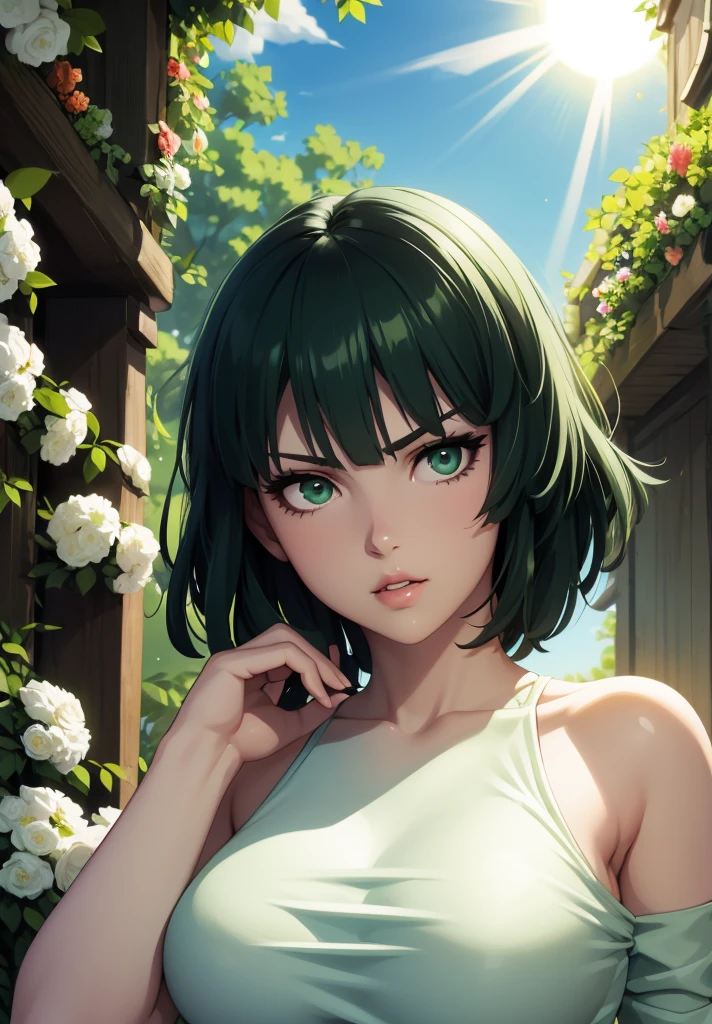 realistic, 1girl, Fubuki, green hair, green eyes, big round breasts, pure white skin, shining eyes, dark green crop top, dark green skirt, parted lips, rouge, night, flowers, sun, sunshine