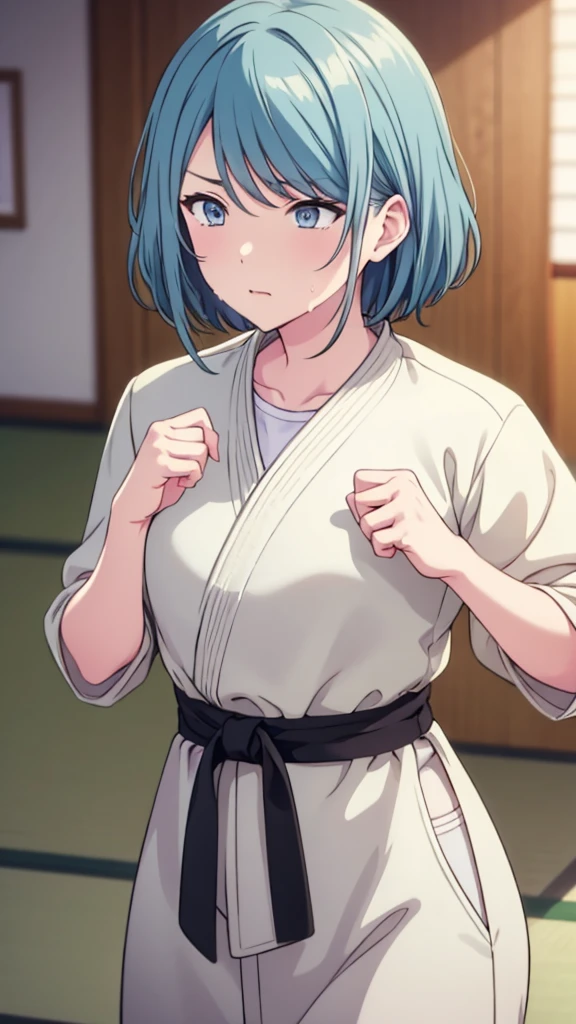 ((masterpiece, Highest quality, Very detailed, Very nice 8K CG wallpaper)), , A little thick, Medium Hair, Super light mint colored hair, short hair, Very very light blue eyes,judo player、長袖judo着、Large bust、ロングjudoパンツ、judo、Serious expression、Inside the judo Gymnasium、、On the tatami、discovery、One Girl、Ready for battle、A tough fight、Shizuku Hinomori、Bust size: B cup、Sweating