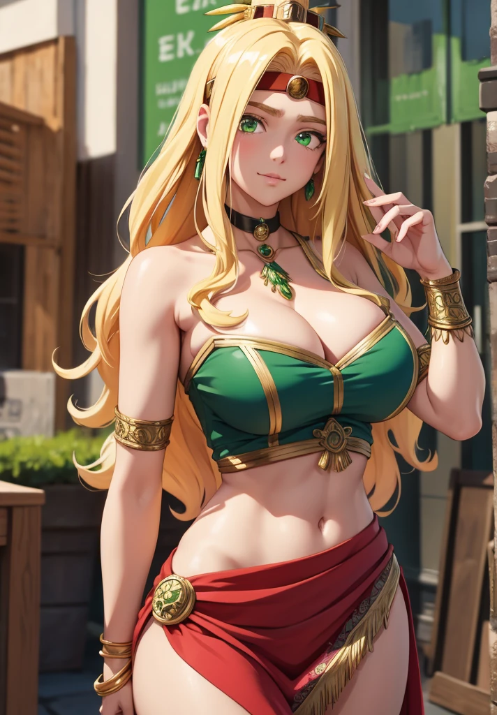 quetzalcoatl, quetzalcoatl, long hair, sidelocks, yellow hair, (green eyes:1.5), wavy hair, (large breast:1.2),
BREAK aztec, bracelet, choker, headband, headdress, jewelry, midriff, navel, short sleeves, wristlet,
BREAK looking at viewer,
BREAK outdoors,
BREAK (masterpiece:1.2), best quality, high resolution, unity 8k wallpaper, (illustration:0.8), (beautiful detailed eyes:1.6), extremely detailed face, perfect lighting, extremely detailed CG, (perfect hands, perfect anatomy),