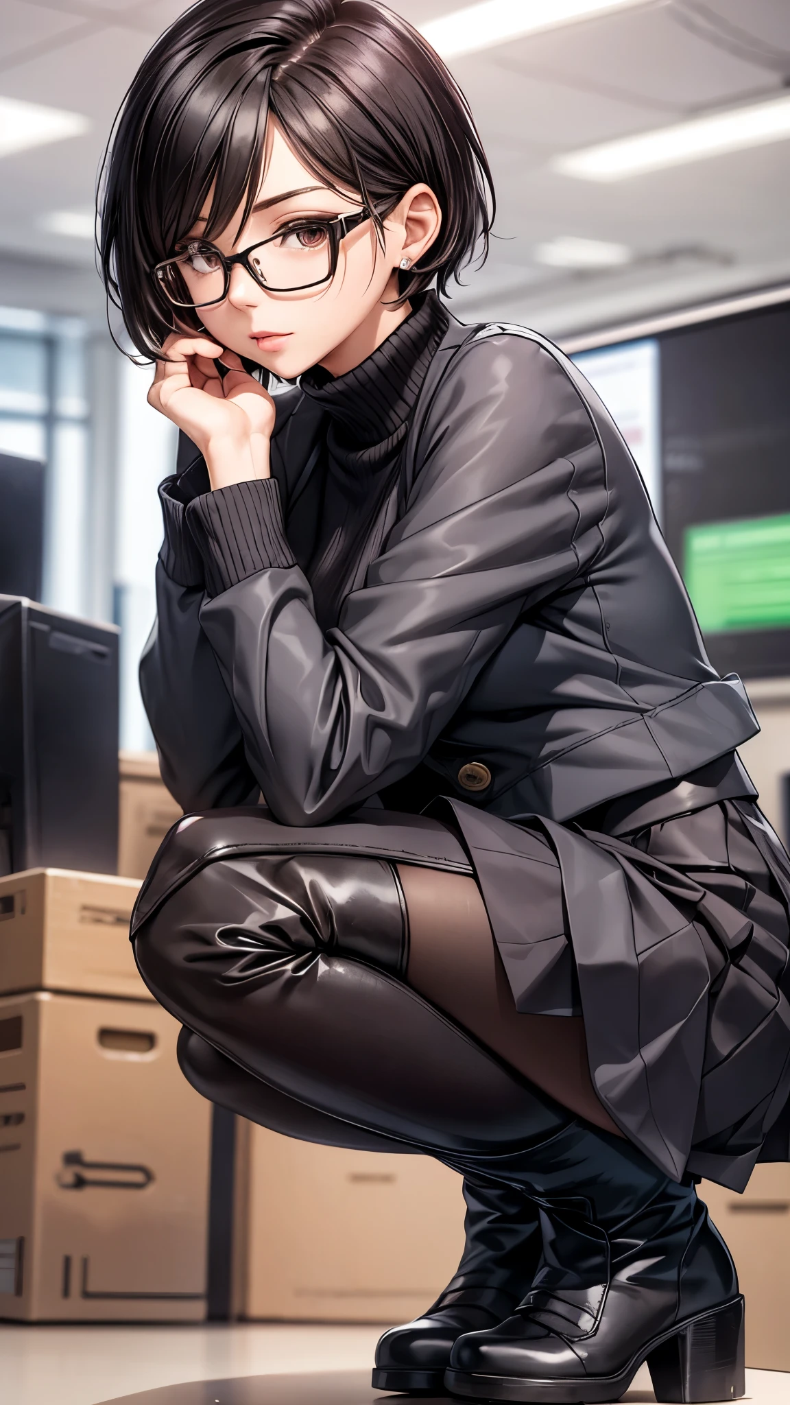 30-year-old woman,Very short hair,Glasses,office casual style,suit,Tight Skirt,pantyhose,((Knee-high long boots)),squatting.