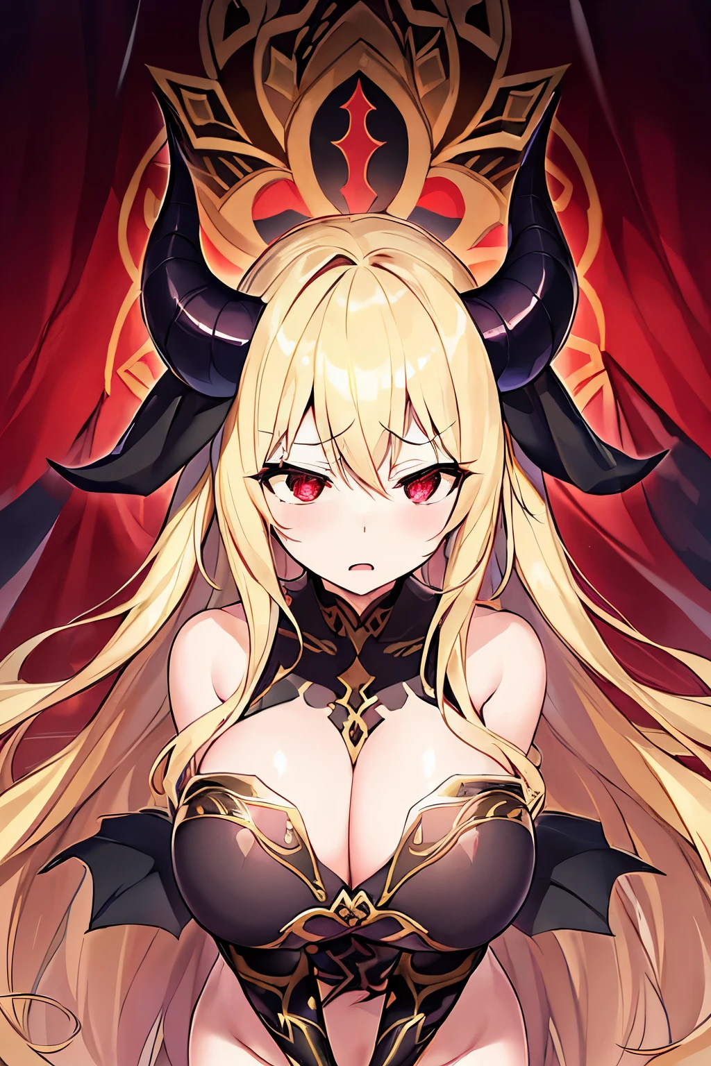 1 girl、Blonde、Long Hair、Fantasy、goddess、Black clothing、Complicated costumes、Gold decoration、(Aggressive design)、Sleeves that cling to the arms、Bigger breasts、Expose、Shameless、Provocative、Fan、Lust、((Expression of agony))、(sexual excitement)、Red Eyes of Nothingness、Devil horns、Lewd Scent、Sigh、Bikun