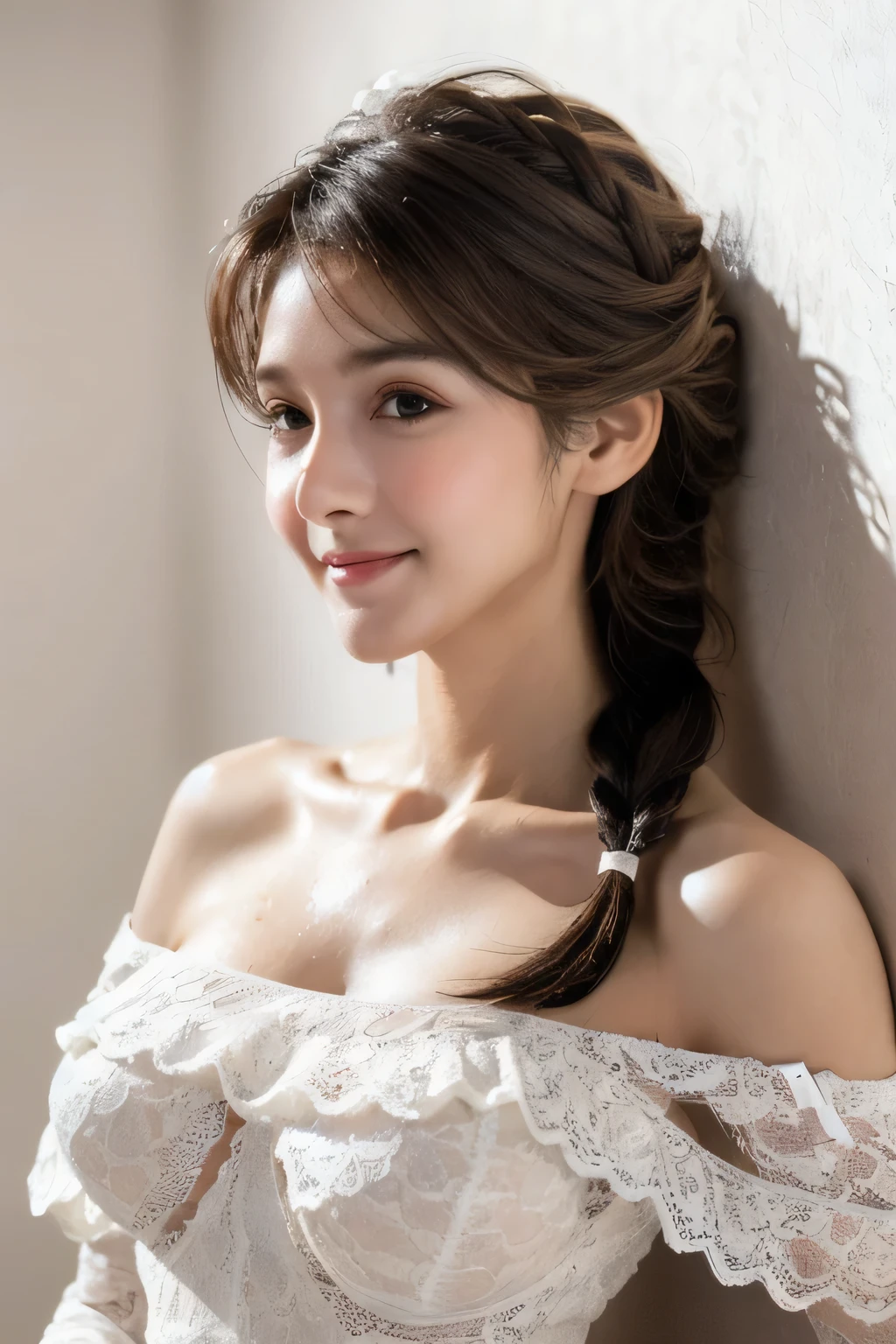 ((Highest quality, 8k, masterpiece: 1.3)), sharp: 1.2, Perfect Body Beauty: 1.6, ((Layered Hairstyles, Big Breasts: 2.0)), (white and long legs: 2.0), (white lace dress: 2.0, Off-the-shoulder dress: 2.0, Dresses with visible breasts: 2.0), ((long hair: 2.0)), ((necklace)), Earrings, ring, Bracelet, Hair Accessories, ((Beautiful young teenager woman)), ((Straight nose)), (Eyeliner), Armpit Hair, Bristles, ((White and beautiful skin)), Wavy Hair, Beautiful attention to detail, Super detailed, Highly detailed face and skin texture, fine grain, double eyelid, Black Hair, Big Ass, Lower Body, Thighs, (((Skinny))), Wet and shiny lips, smile, Get a grip on your body, ((Anatomically correct human body)), ((Crisp body shape)), Ribs, clavicle, Protruding skeleton, A face without nasolabial folds, Shyness, Thin eyebrows, Big eyes, (shoot from side: 1.0), (Narrow shoulders: 2.0), (Smile: 1.0), (One arm raised: 1.0)