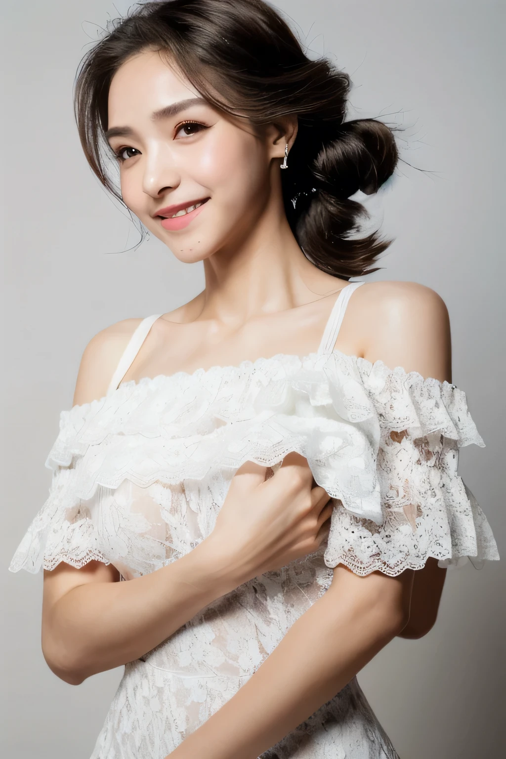((Highest quality, 8k, masterpiece: 1.3)), sharp: 1.2, Perfect Body Beauty: 1.6, ((Layered Hairstyles, Big Breasts: 2.0)), (white and long legs: 2.0), (white lace dress: 2.0, Off-the-shoulder dress: 2.0, Dresses with visible breasts: 2.0), ((long hair: 2.0)), ((necklace)), Earrings, ring, Bracelet, Hair Accessories, ((Beautiful young teenager woman)), ((Straight nose)), (Eyeliner), Armpit Hair, Bristles, ((White and beautiful skin)), Wavy Hair, Beautiful attention to detail, Super detailed, Highly detailed face and skin texture, fine grain, double eyelid, Black Hair, Big Ass, Lower Body, Thighs, (((Skinny))), Wet and shiny lips, smile, Get a grip on your body, ((Anatomically correct human body)), ((Crisp body shape)), Ribs, clavicle, Protruding skeleton, A face without nasolabial folds, Shyness, Thin eyebrows, Big eyes, (shoot from side: 1.0), (Narrow shoulders: 2.0), (Smile: 1.0), (One arm raised: 1.0)
