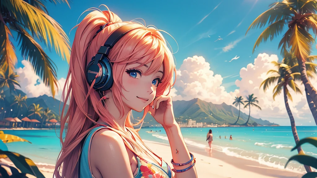 Woman wearing headphones, Anime Style 4 k, anime wallpaper 4k, anime wallpaper 4k, 4k anime wallpaper, anime art wallpaper 4k, anime art wallpaper 4k, Anime Style. 8k, Anime atmosphere, , Ultra HD Anime Wallpaper, Anime Art Wallpaper 8K, Anime Background,landscape、summer、island、Palm tree、Hawaii、Sandy Beach、drink alcohol