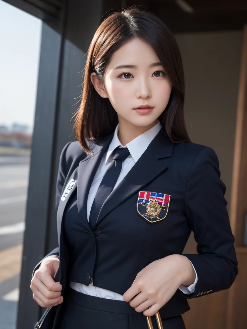 Glowing Skin, lips, Highly detailed skin, Beautiful face and eyes in every detail, Spotlight, Professional Lighting, (Upper Body:0.8), stewardess, Black Skirt, Jacket, Short shirt, Ko 123,
