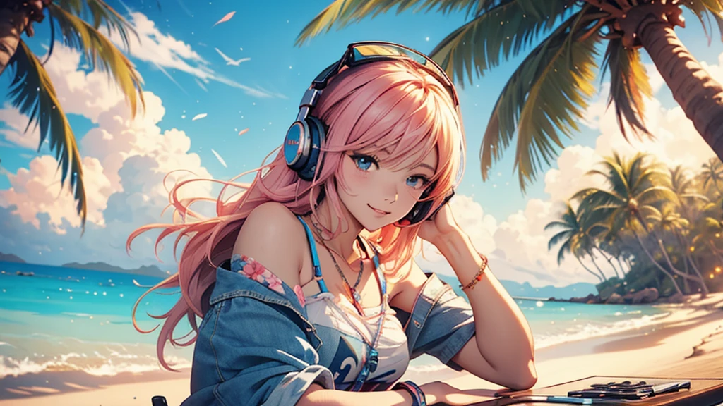 Woman wearing headphones, Anime Style 4 k, anime wallpaper 4k, anime wallpaper 4k, 4k anime wallpaper, anime art wallpaper 4k, anime art wallpaper 4k, Anime Style. 8k, Anime atmosphere, , Ultra HD Anime Wallpaper, Anime Art Wallpaper 8K, Anime Background,landscape、summer、island、Palm tree、Hawaii、Sandy Beach、drink alcohol