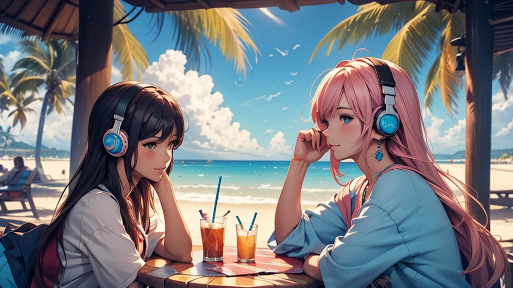 Woman wearing headphones, Anime Style 4 k, anime wallpaper 4k, anime wallpaper 4k, 4k anime wallpaper, anime art wallpaper 4k, anime art wallpaper 4k, Anime Style. 8k, Anime atmosphere, , Ultra HD Anime Wallpaper, Anime Art Wallpaper 8K, Anime Background,landscape、summer、island、Palm tree、Hawaii、Sandy Beach、drink alcohol