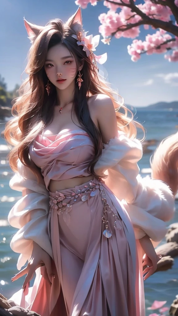 best quality,masterpiece,Ultra-high resolution,(photoactual:1.4),,Peach blossom tree(background),20 years old ,Peach Blossom Goddess(Japanese Girls),Long hair with a shawl,close eyes, body,Big breasts,Wearing a peach blossom strapless skirt,Sitting on the Peach blossom tree,Kissing a peach in hand,