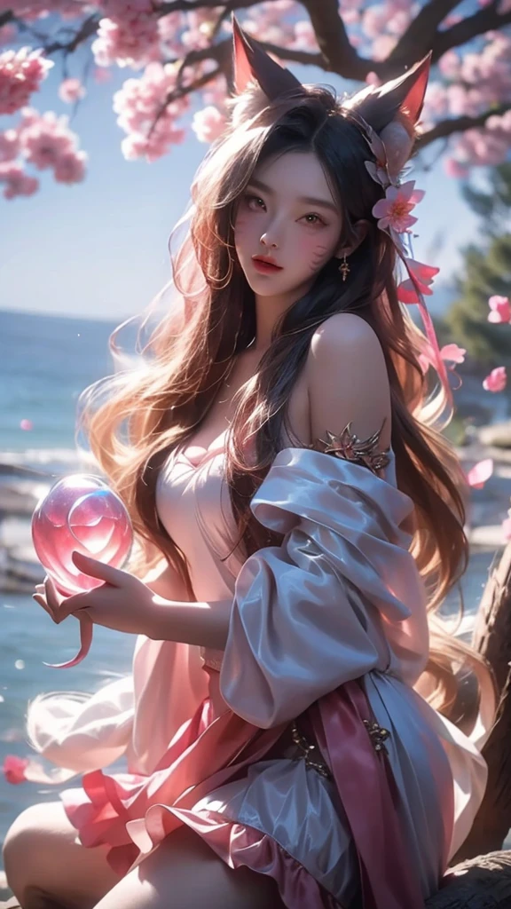 best quality,masterpiece,Ultra-high resolution,(photoactual:1.4),,Peach blossom tree(background),20 years old ,Peach Blossom Goddess(Japanese Girls),Long hair with a shawl,close eyes,Sexy body,Big breasts,Wearing a peach blossom strapless skirt,Sitting on the Peach blossom tree,Kissing a peach in hand,