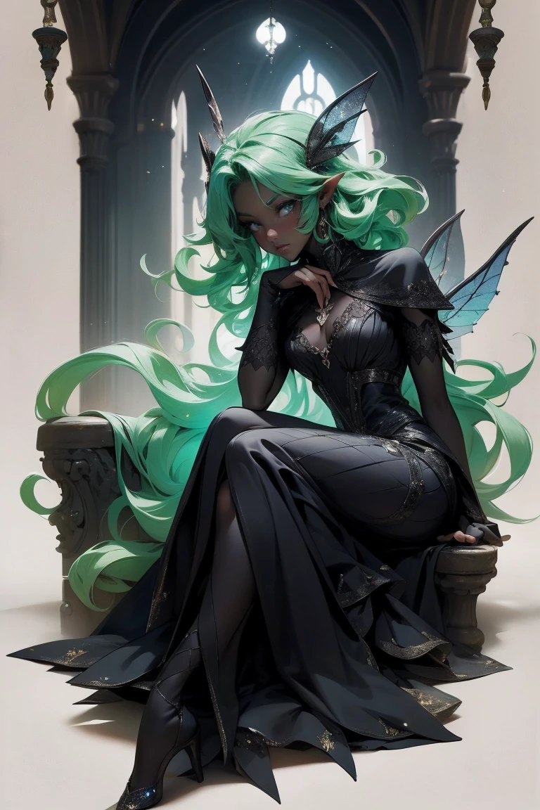 (Absurd, high quality, ultra -compared, careful with the hand) fairy, fairy wings, dreamer body, vivid, romantic and all. Optimistic face, just lies, without entry and intellectual. Reckless style, cold heart, impatient and too confident. Gray eyes, ripe and dark (eyes of the eyes), enchanted fairy (pixie) . medium curly hair, green hair. In the carnival row illustration, sitting on the ground, Whole body,  black skin (black skin) 